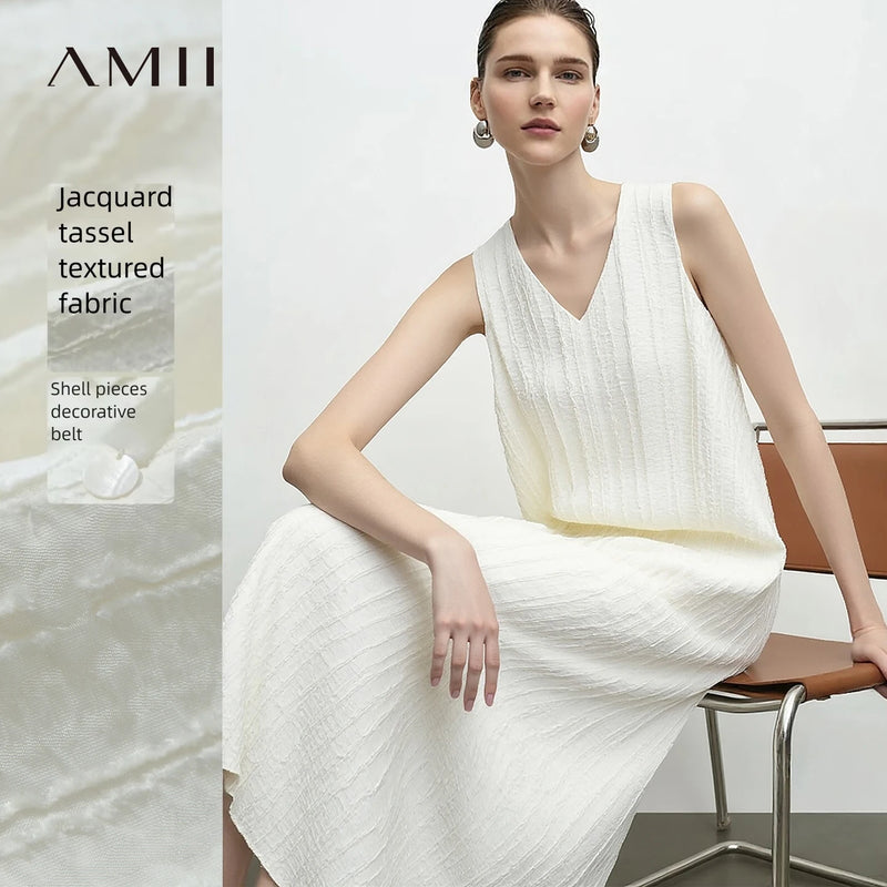 Amii Women's Casual Dresses 2026 Summer V Neck Belted Fringed Jacquard Elegant Sleeveless A-Line Midi Dress For Women 12652075