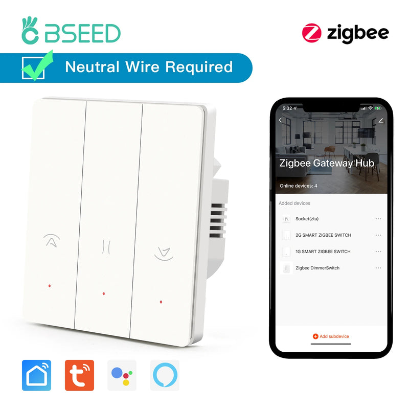BSEED Zigbee Button Switch 1/2/3Gang 2Way Wall Light Switch Automatic Rebound Smart Curtain Shutter Switch Neutral Required
