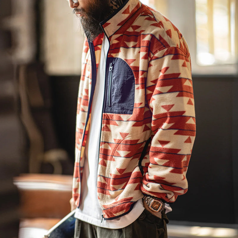 អាវ Maden សម្រាប់បុរស អាវក្រៅ Navajo Polar Fleece កអាវឈរ ធ្វើពីក្រណាត់ Zip-Up Patchwork អាវក្រៅក្តៅ សម្រាប់អាវរដូវផ្ការីក និងរដូវស្លឹកឈើជ្រុះ
