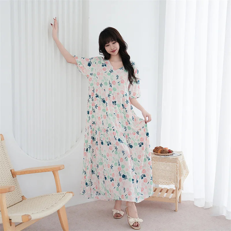 Loose Ladies Nightgowns Causal Night Wears For Women Nightshirt Short Sleeve Printed Nightdress Oversized Cotton Sleep Dress