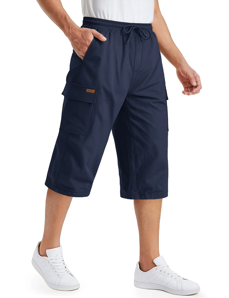 TACVASEN Mens Cargo Capri Short Pants 97% Cotton Below Knee Loose Fit Pants 6 Pockets Work Drawstring Waist Casual New Trousers