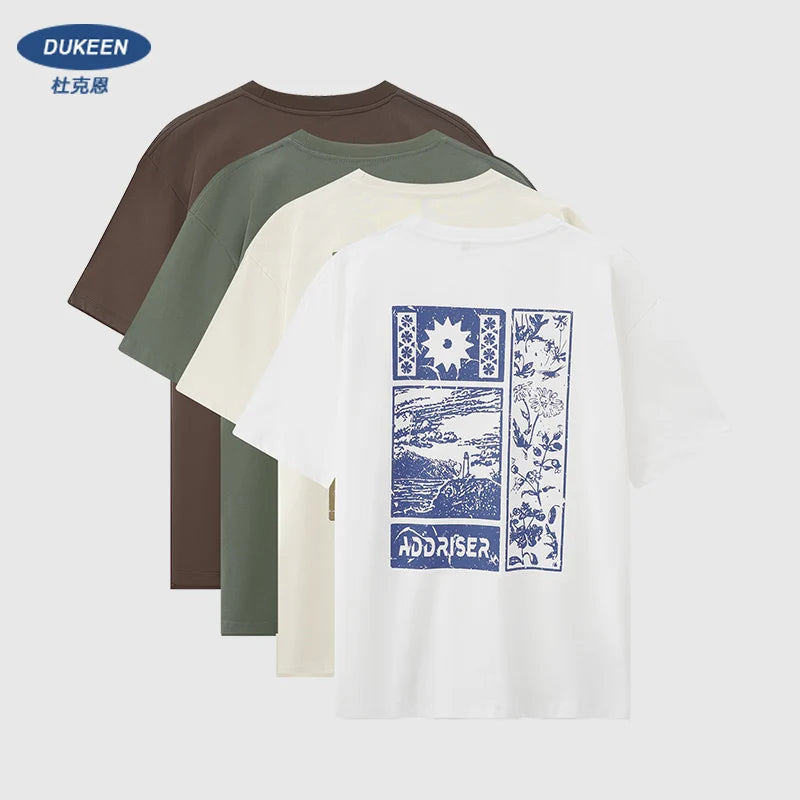 DUKEEN 240G Heavyweight Men's T Shirts 100% Cotton Summer New Fashion Print Crew Neck Short Sleeve Tees Men's Clothing