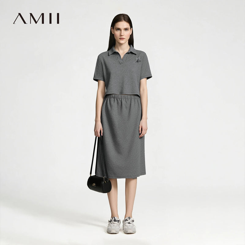 Amii Dress Woman 2026 Summer New Embroidered Lapel Collar Half Placket Elastic Waist Short Sleeve Midi Dress For Women 12642045