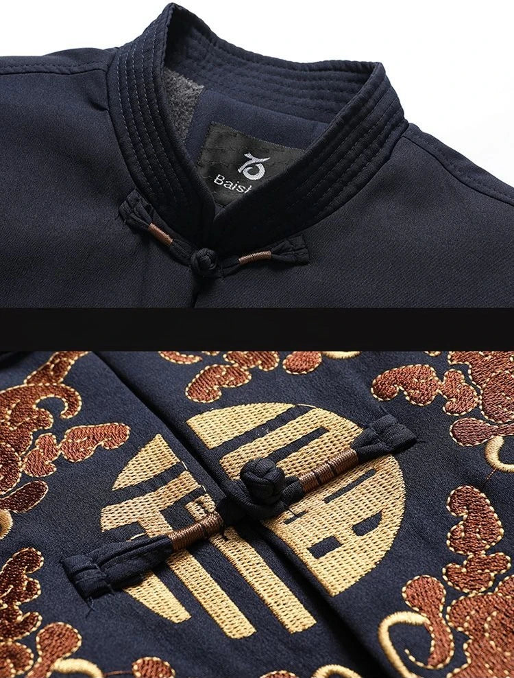 2026 New Men's Red Embroidered Long-Sleeve Jacket, Chinese-Style Single-Breasted Stand-Up Collar Coat, Fashionable Casual Tops.