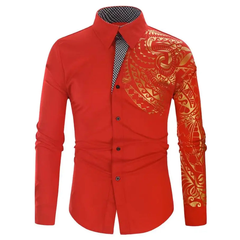 2026 Men's Black Long-sleeved Shirt, Gold Printed Shirts, Fashion Casual Tops Red White Blue Camisa Men Chemise XS S M L XL XXL