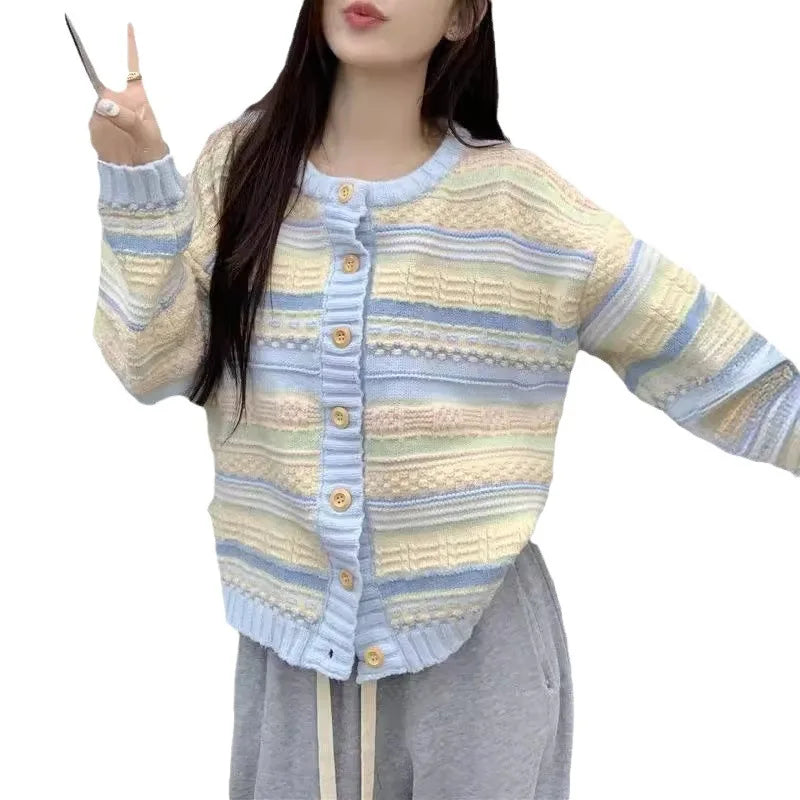 Soft Contrasting Color Striped Crew Neck Knitted Cardigan Coat Women's Autumn Winter Top Casual Sweater Jacket Knitwear Traf