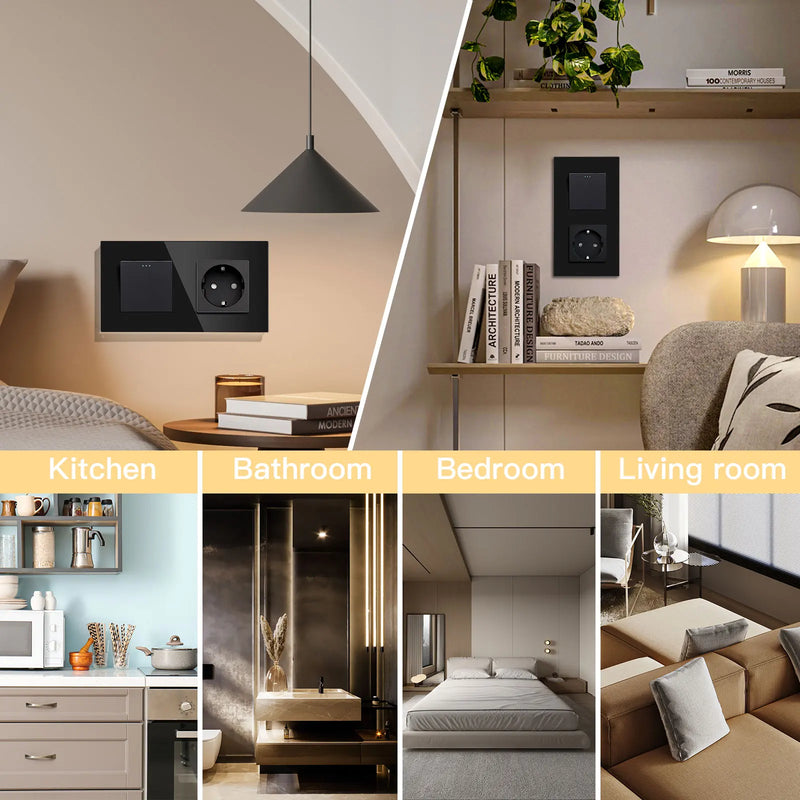 BSEED Mechanical Button Switch 1/2/3Gang 1Way Wall Power Socket USB Type-C Port Glass Frame Wall Switches Home Improvement