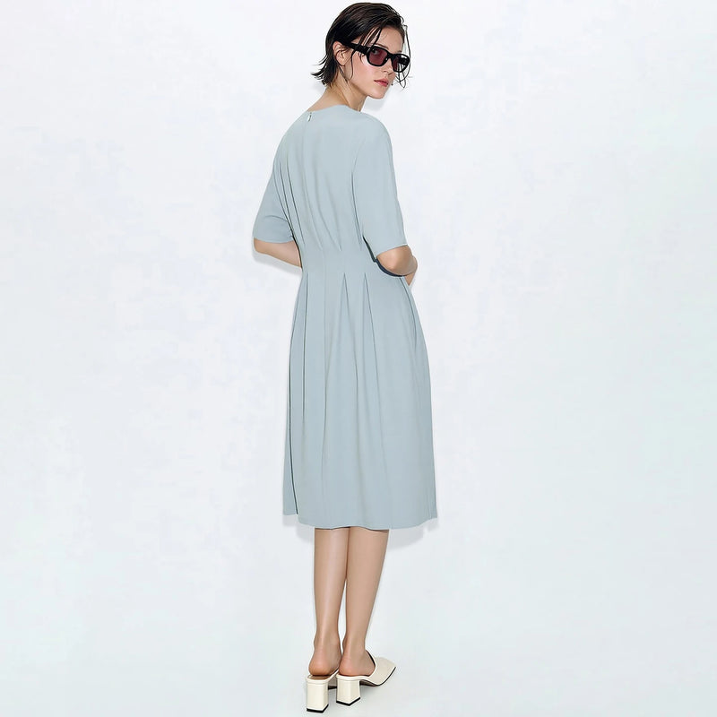 Amii Midi Dress Woman 2026 Summer New Round Neck Short Sleeve Dolman Elegant Office Fitted Waist Women's Casual Dresses 12622176