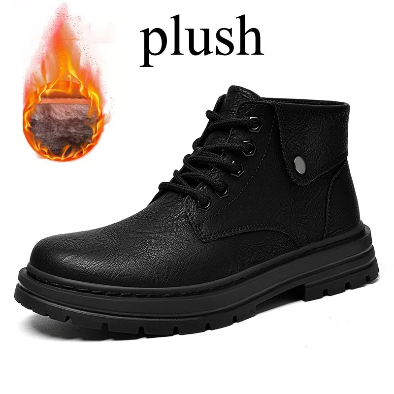 Mens Leather Boots Ankle British Style with Platform Soles Cushion Plush/Non-Plush Options Plus Big Size 48 49 50