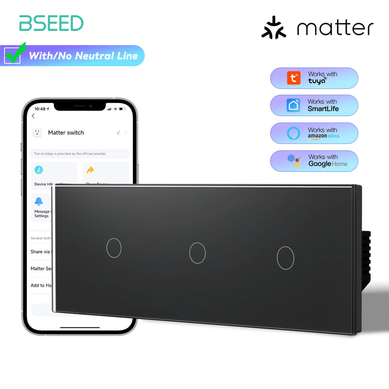 BSEED Matter Smart Touch Light Switch 1/2/3Gang Support Apple Home Tuya APP Google Assistant Voice Control Neutral Wire Optional