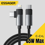 ខ្សែសាក Essager 2 in 1 USB Type C 65W PD Fast Charging Wire Type C To Lighting Cable សម្រាប់ iPhone 15 14 Pro Max MacBook iPad Xiaomi