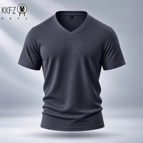 Waffle Textured Fabric Mens V Neck Short Sleeve Top Durable Stitching Soft Stretchy Design For Outdoor Daily Scenes