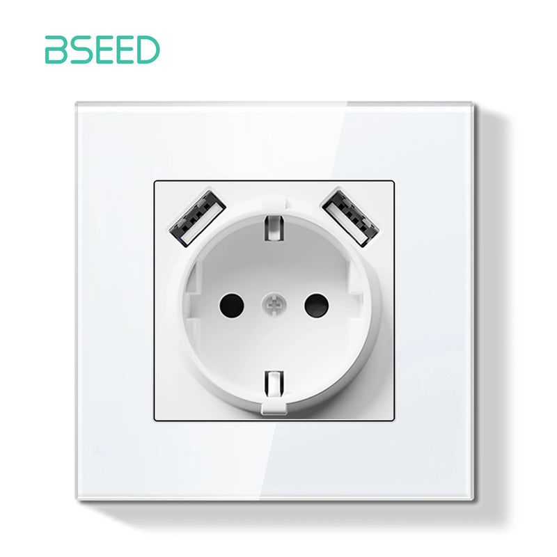 BSEED E Series Mechanical Button Switch 1/2Gang Light Switch Wall EU Socket ST TV Socket Glass Panel Switch With LED Indicator