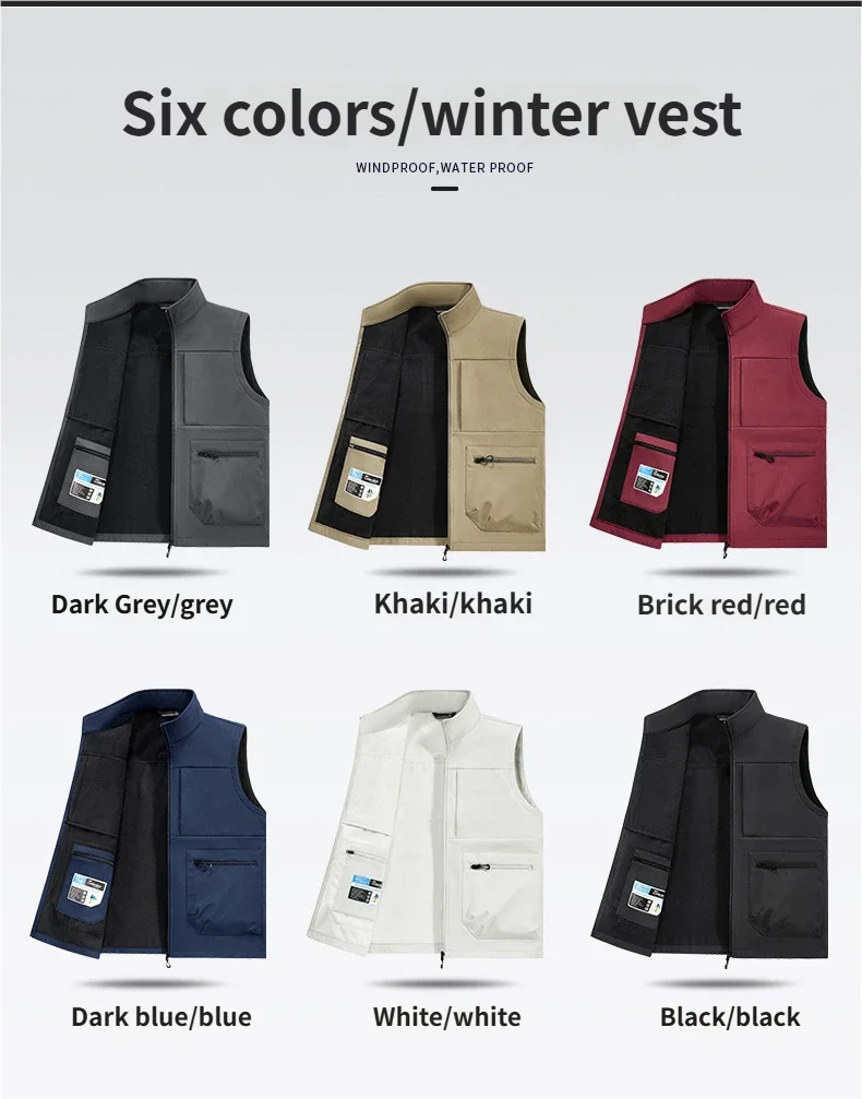 New Workwear Soft-Shell With Fleece Vest Multi-Pocket Outdoor Fishing Suit Vest Coat With Logo Printing Casual Men's Vest