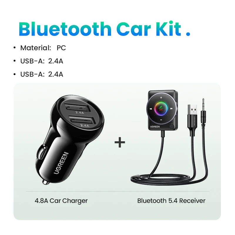 UGREEN Bluetooth 5.4 Car Receiver Adapter with Mics and Noise Cancellation, USB AUX Bluetooth Receiver Car Kit Stereo Audio