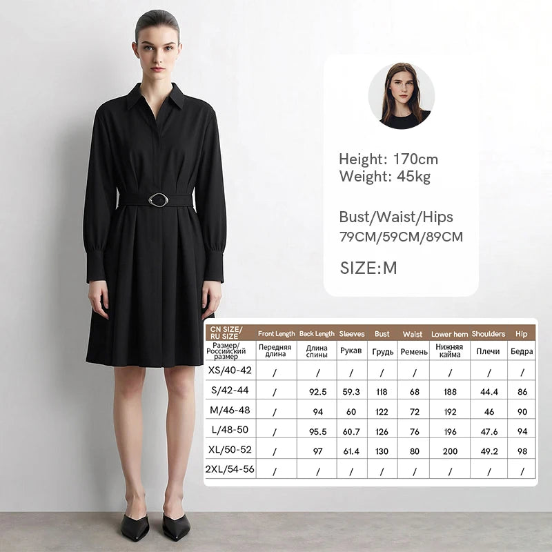 Amii Slim Women's Dress 2026 Autumn New Lapel Collar Office A-Line Midi Dresses D-ring Belt Long Sleeve Woman Clothes 12623020