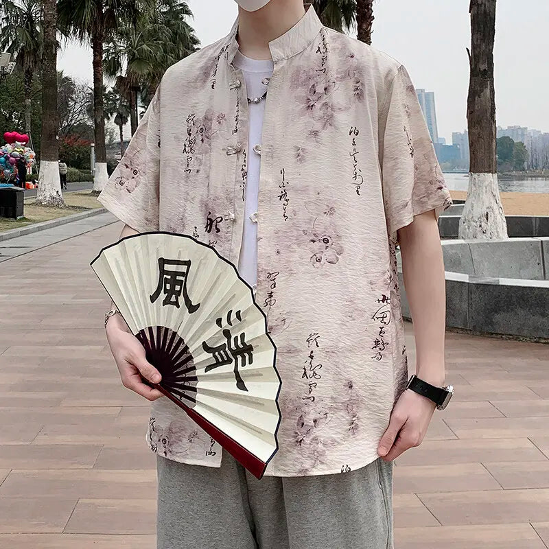 2026 Chinese Style Men's Short Sleeve Shirt with Chinese Characters Decorations and Asian Size Single Button Beach Casual Top