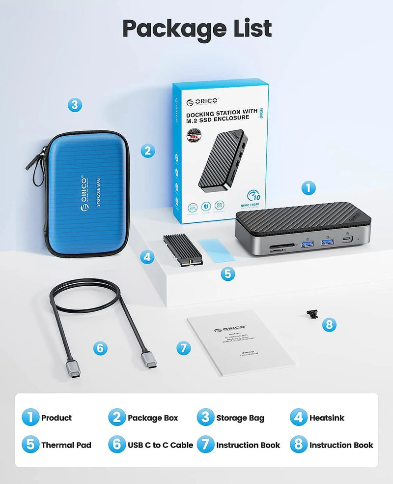 ORICO M.2 NVMe SATA SSD Enclosure Type-C HUB with Cooling Fan External 10Gbps 4K 60Hz HDMI-Com RJ45 SD/TF Docking Station