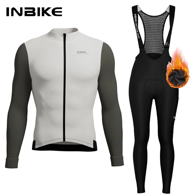 INBIKE Winter Cycling Sets Men Fleece Bike Top Jersey Long Sleeve Bib Pants for Riding Suits with Pockets Men's Cycling Clothing