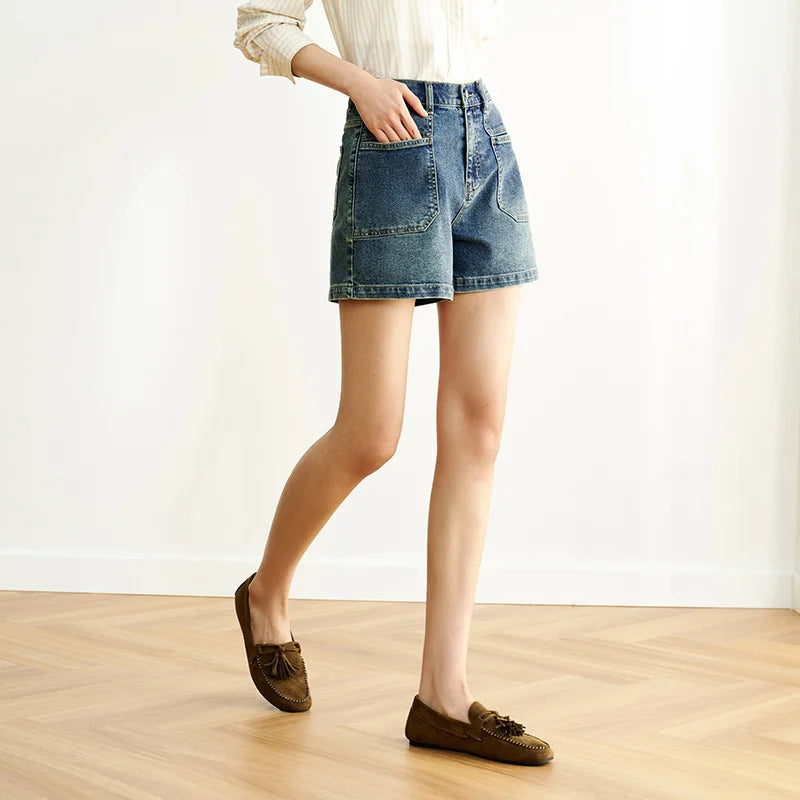 Semir Womens Denim Shorts 2026 Vintage Washed Semi Elastic Waist Straight Casual Soft