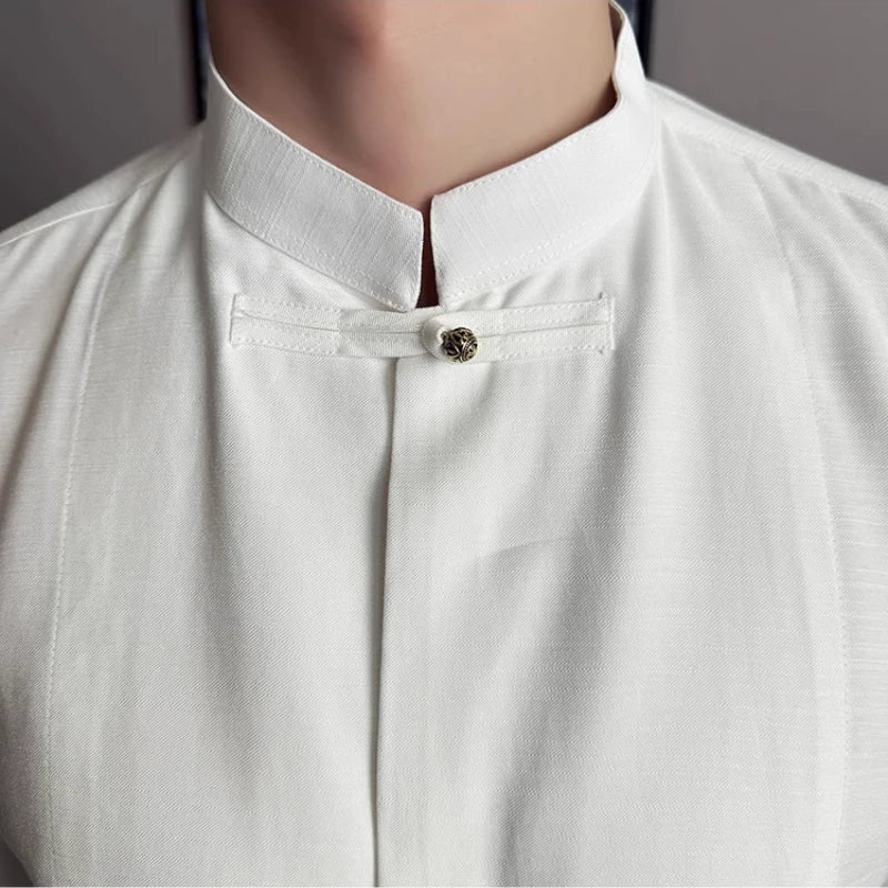 Men's Long-sleeve Slim-fit Stand Collar Shirt, Zhongshan Suit Style, Solid Color Shirt, Chinese Style Slim-fit Shirt.