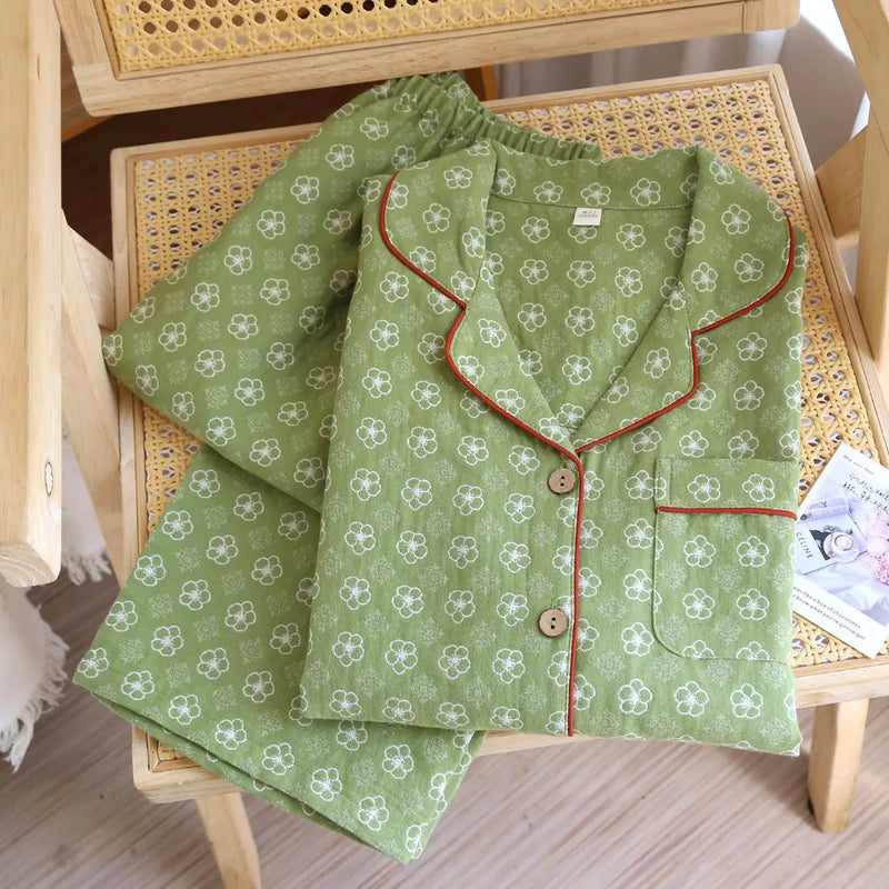 Spring Autumn Long-sleeved Home Suit Pjs Woman Set Lapel Pajamas Sleepwear Women's Cotton Floral Night Wear for Ladies Pijama