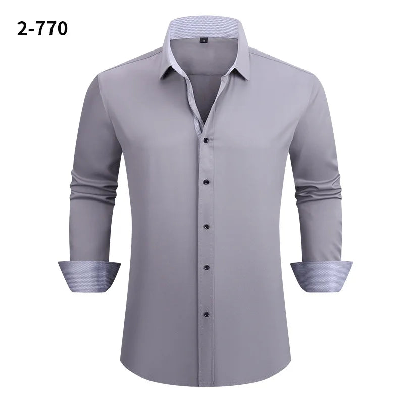 Men's Black Long-sleeve Stretch Shirt, Red Patchwork-trimmed Shirts, Commuter-style Single-Breasted Lapel Tops.