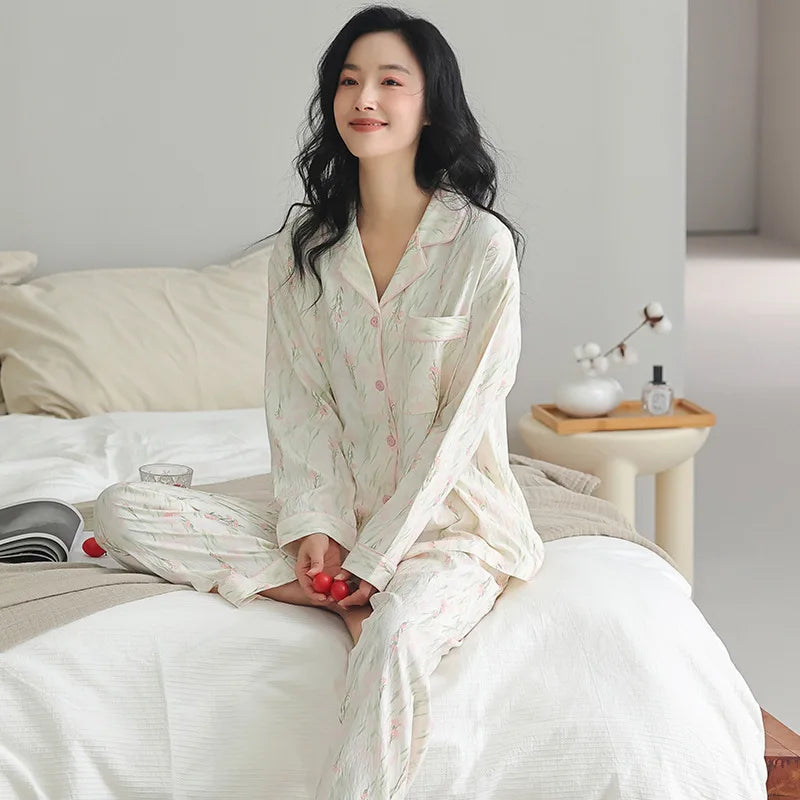 Pajama Woman Winter Cotton Spring Autumn Home Clothes Lapel Shirt Pant Suit Casual Printed Sleepwear Set New Pyjamas Femme