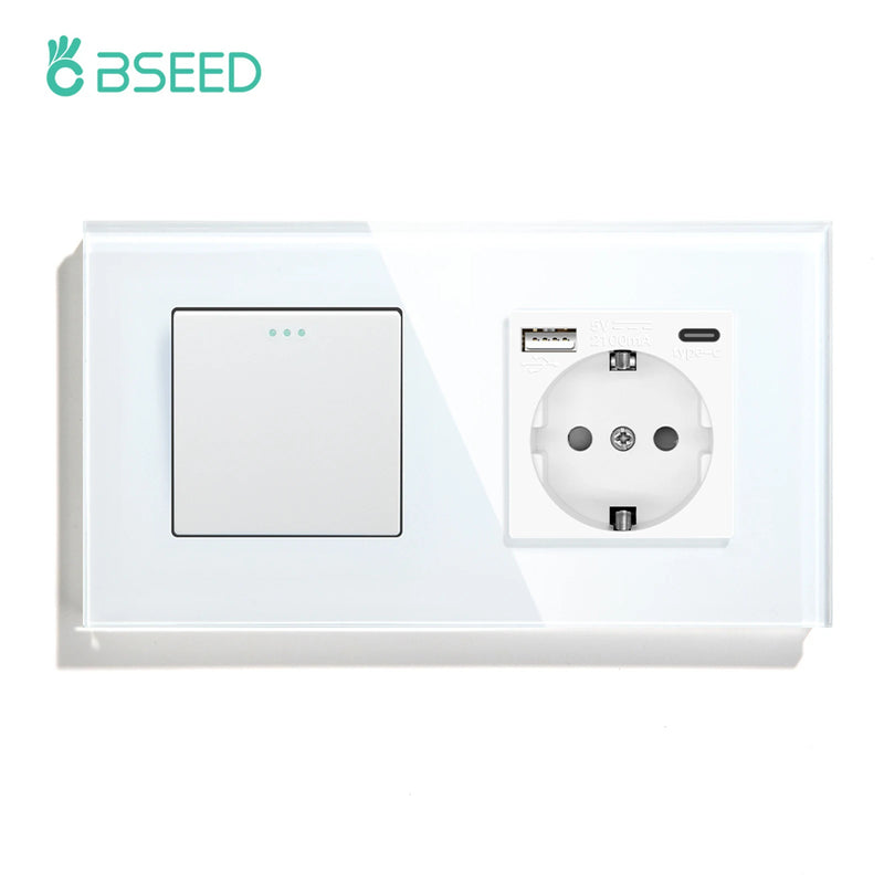 BSEED EU Standard Wall Button Switch 1/2/3Gang 1Way Wall Power Socket Glass Frame Mechanical Switches Home Improvement