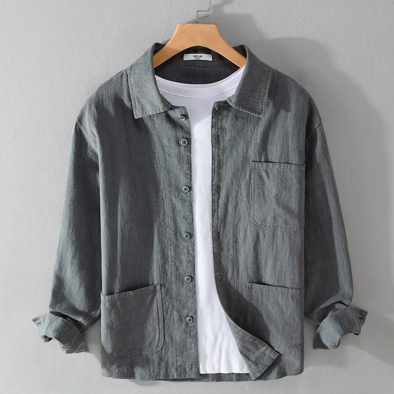 70% ramie 30% cotton high-quality men's long-sleeved shirt  daily casual wear, retro Harajuku style, solid color outdoor jacket