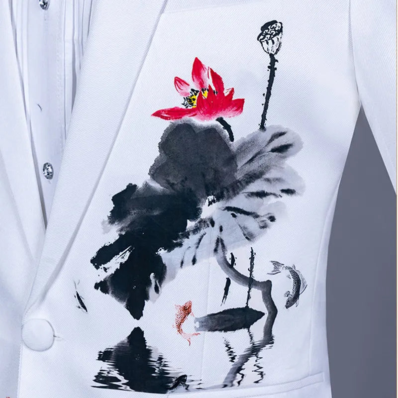 Chinese Style Print Long Sleeve Jacket with Pants, Ensemble in White Men Two-Piece Suit for Stage Performance and Choir Outfit