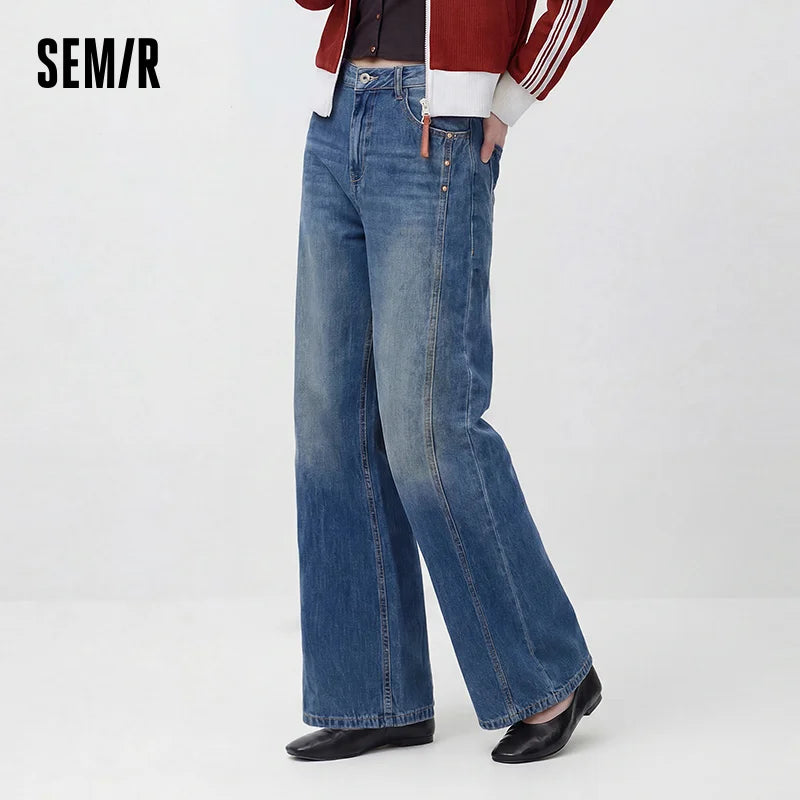 Semir Women Jeans Panelled Wide Leg Loose Fit 2026 Autumn Streetwear HighWaist Urban Casual Everyday Denim Pants