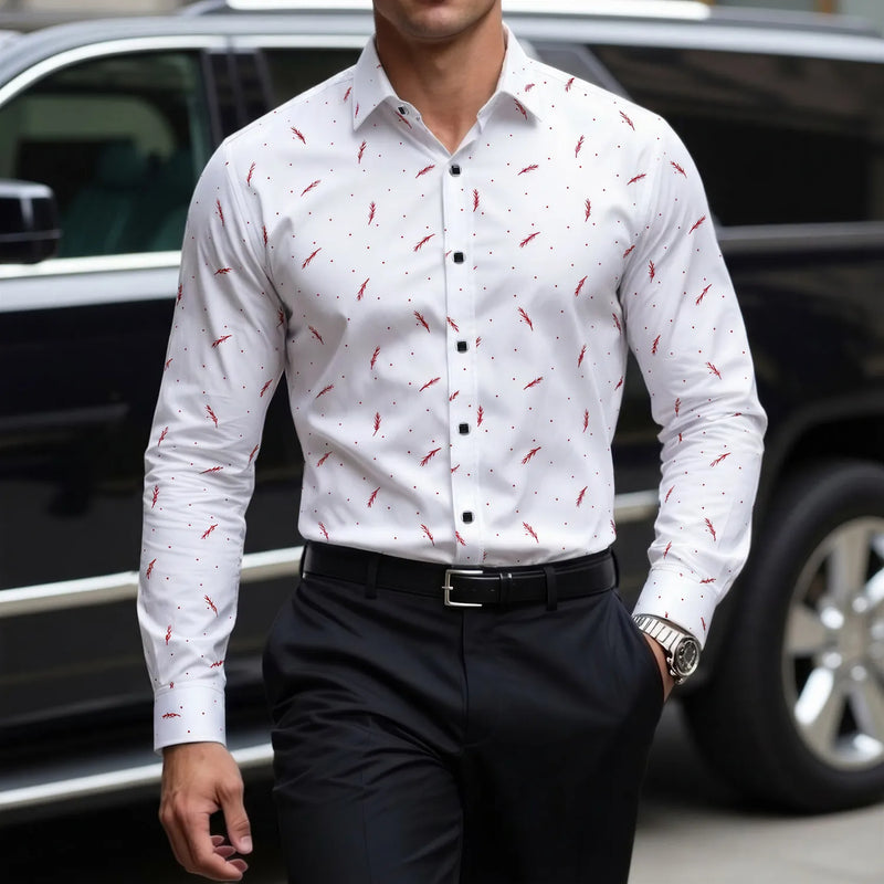Men's Blue Long-sleeve Shirt with Feather-print Design; Thin Fabric Slim-fit Top in Asian Sizes. Available in Red or Black.
