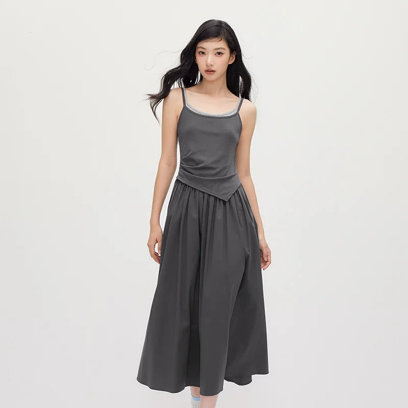 Women Dress Spliced Fake Two Piece Slim Fit Smart Casual Design Textured Maxi 2026 Summer Elegant Fashion Daily Wear Top