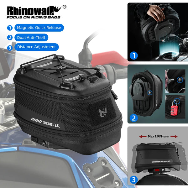 កាបូបដាក់ធុងសាំងម៉ូតូ Rhinowalk ការពារទឹកជ្រាប កាបូបស្ងួតខាងមុខបញ្ចេញលឿន ជាមួយនឹងផ្ទាំងម៉ាញេទិកសម្រាប់ម៉ូដែលម៉ូតូដែលពាក់ព័ន្ធ