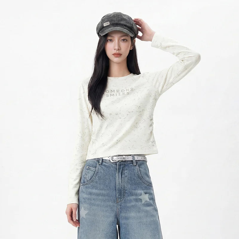 Semir Women Tshirt Long Sleeve Sequin Wash Letter Slim Ruched Street Smart Casual Style Autumn Top Daily Wear 2026
