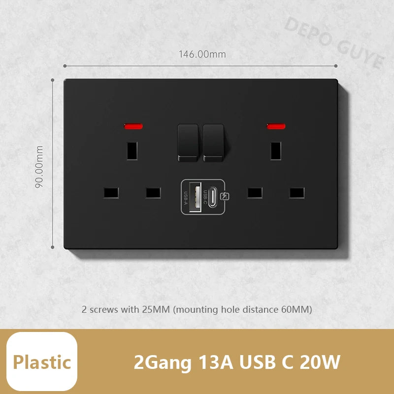 Universal 20W Type-C Wall Quick charge Socket,Dual Switch control Universal Power outlet,White UK Standard USB Interface Socket