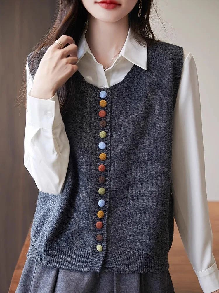 Retro Button Crew Neck Knitted Vest Cardigan Women's Sleeveless Sweater Stack Wear Versatile Top Ladies Spring Autumn Jacket