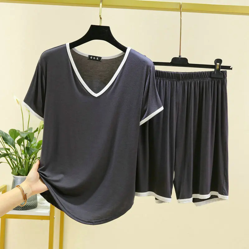 Summer Ensemble Femme 2 Pièces New Modal Short Sleeve Sleepwear Set V Neck T-Shirt Shorts Suit Casual Pajamas Women Nightwear