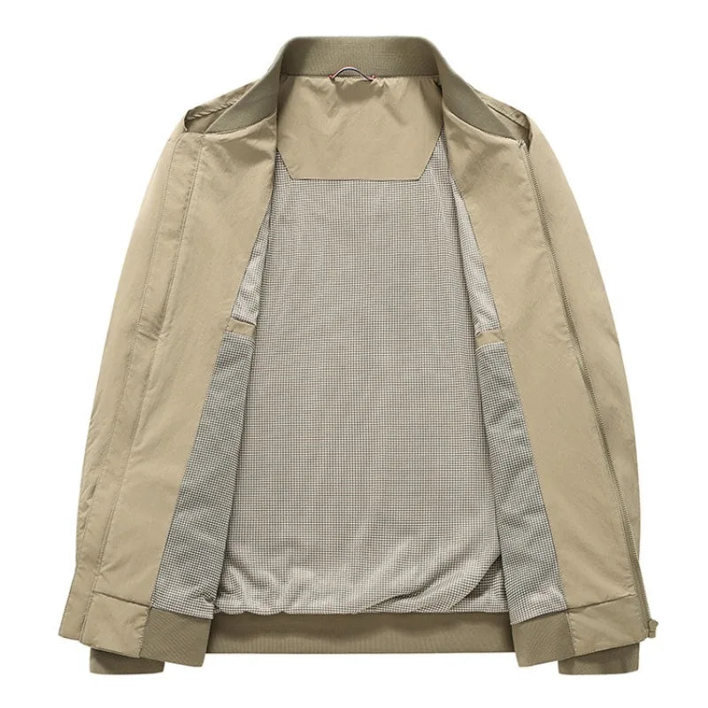 Men's Casual Bomber Jacket Stand Collar Zip Up Jacket Lightweight Anti-Wrinkle Solid Color Coat