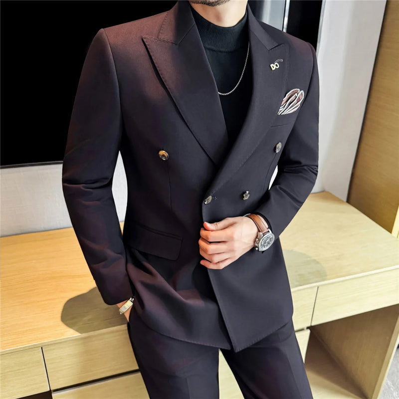 Men's Dark Stripe Double-Breasted Suit Set (Jacket + Pants), Premium Two-Piece Formal Wear, Wedding Suit Business Formal