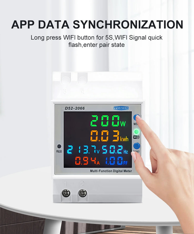 TOMZN WiFi Smart 6-in-1 AC Monitor 110/220V 100A Factor Active Energy Frequency Tuya kWh DIN Rail Measures Voltage Current Power