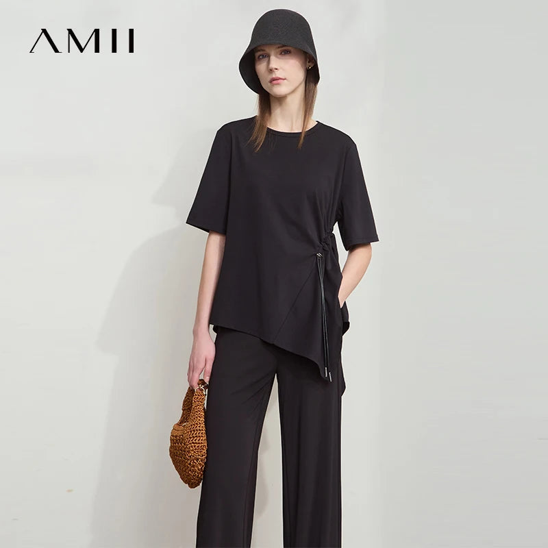 អាវយឺតរដូវក្តៅ AMII Minimalist សម្រាប់ស្ត្រីឆ្នាំ ២០២៥ កមូលដៃខ្លីរលុងអាវស្ត្រីម៉ូដថ្មីការិយាល័យ 12522042