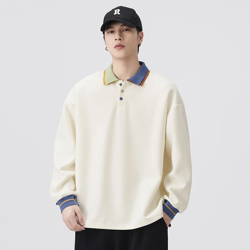 DUKEEN Colorblock Collar Men's Sweatshirts 2025 Spring and Autumn New Fashion Design Relaxed Fit Men's Long Sleeve Polo Pullover