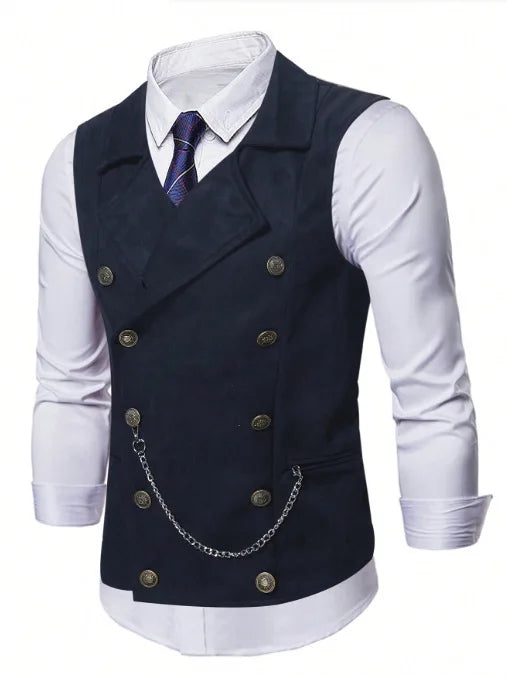 2026 Black Double-breasted Men's Suit Vests, Brown V-neck Sleeveless Vest Jacket, Dark Blue Business Casual Waistcoat.
