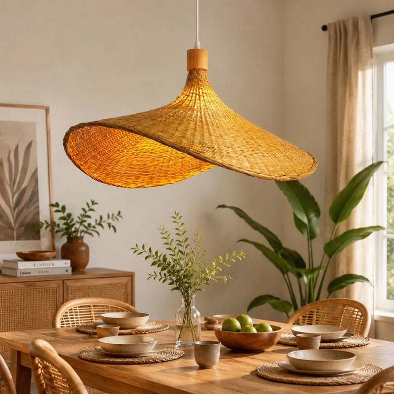 JOYINLED Chinese Style Bamboo Chandelier Rustic Handmade Woven Pendant Lighting for Kitchen Island Farmhouse Dining Room Lamp