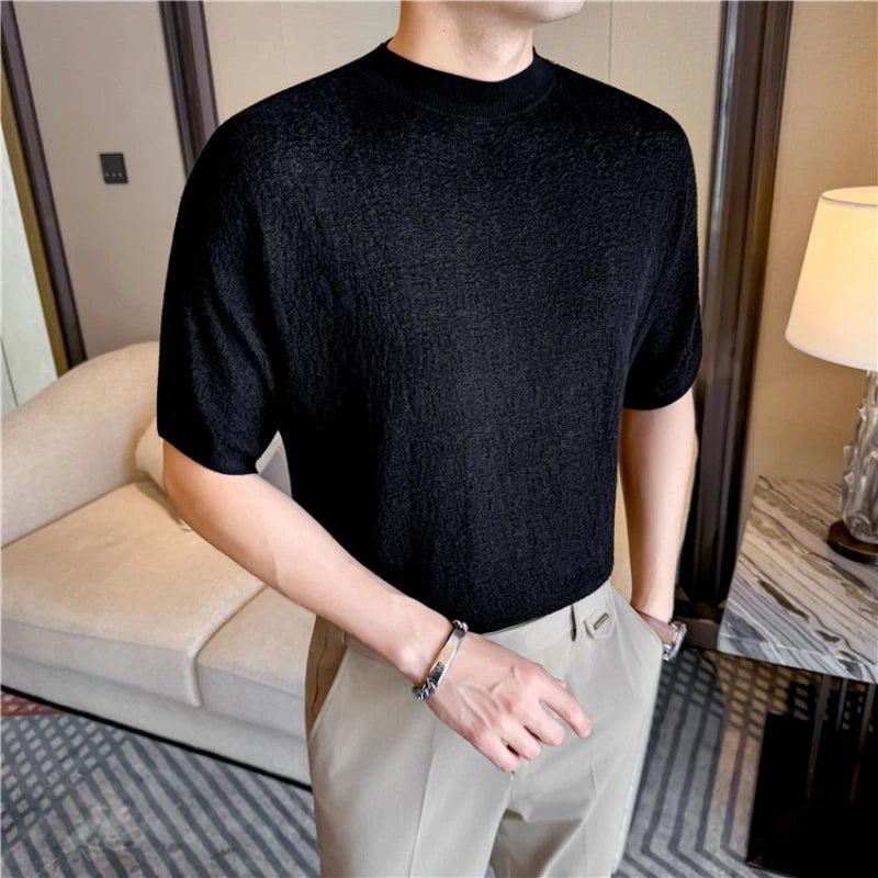 Men's Summer Short Sleeve T-Shirt Knitted Crew Neck Loose Fit Drop Shoulder Ice Silk Cooling Base Layer Top