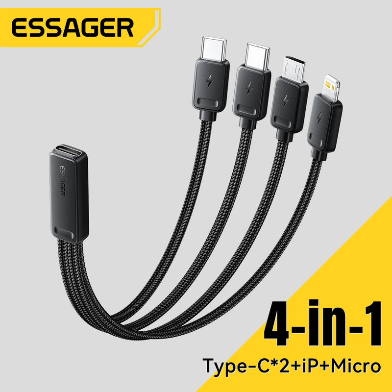ខ្សែសាកលឿន Essager ចល័ត 4-in-1 សម្រាប់ការធ្វើដំណើរ ប្រភេទ C ស្រី ទៅខ្សែ USB ច្រើន ជាមួយអាដាប់ទ័រប្រភេទ C, មីក្រូ, និងភ្លើង 2
