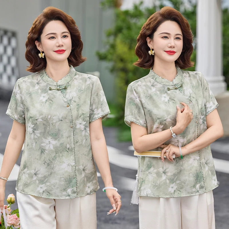 អាវ បោះពុម្ព សម្រាប់ ស្ត្រី អាវ ប្រណិត ឆើតឆាយ លំដាប់ ខ្ពស់ សម្លៀកបំពាក់ ប្រពៃណី ចិន អាវ ក ខ្លី ដៃ ខ្លី