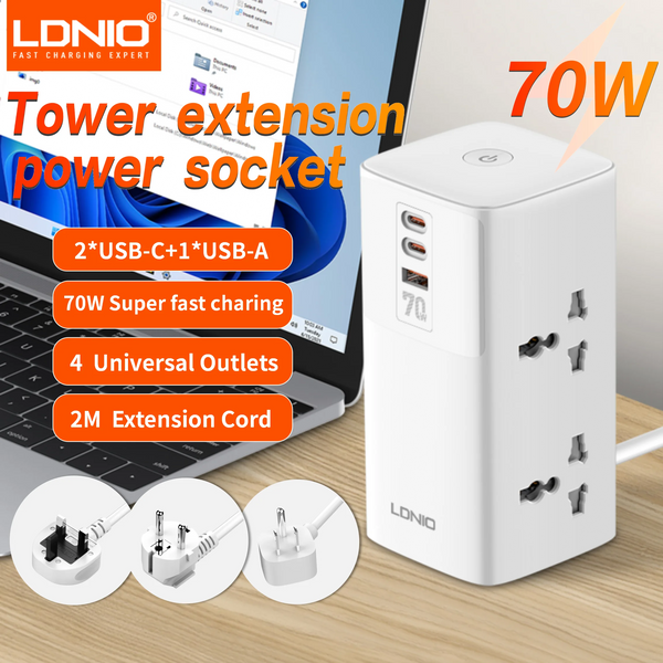 រន្ធដោតភ្លើង LDNIO 7 in 1 2500W Tower Power Socket 70W ស្ថានីយសាកថ្ម USB រន្ធដោតភ្លើង 2 រន្ធ USB-C 2 រន្ធ USB-A ខ្សែបន្ថែម